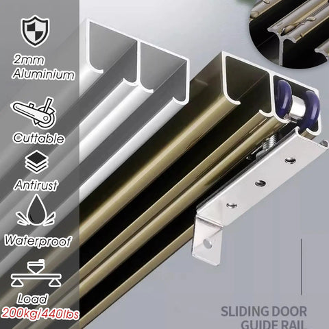 Upgrade Your Pad With This Heavy Duty Double Bypass Sliding Barn Door Hardware Kit Featuring Smooth Rolling Wheels A Rock Solid 30 Ft Dual Track Thick Aluminum Rails 8 Wheeled Hanger Bracket Supporting 440 Lbs Plus Sleek Silver Finish - detailed view of 2mm aluminum guide rail with rollers.