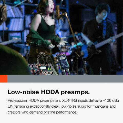 Band performing with 4 Channel Field Recorder with 32Bit Float and USB C Audio Interface visible in the foreground.