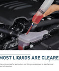 Heavy Duty Automotive Fluid Extractor Pump 200cc Oil Syringe Transfer Tool in engine bay, extracting fluid from reservoir.