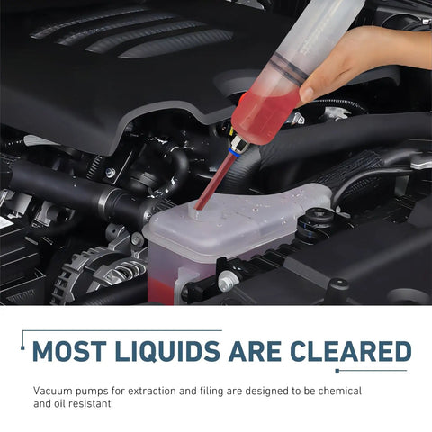 Heavy Duty Automotive Fluid Extractor Pump 200cc Oil Syringe Transfer Tool in engine bay, extracting fluid from reservoir.