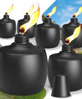 Citronella Tabletop Torches Six Pack For Outdoor Vibes, 21.5 Oz Metal Oil Burners With Fiberglass Wick, Ideal For Yard Patio Deck Garden Parties And Landscape Ambiance, showing six torches with flames, black metal construction