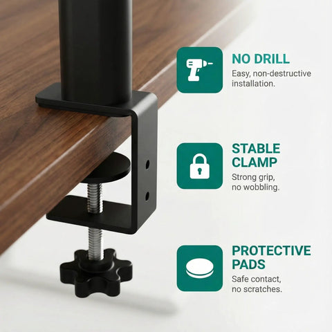 Stable clamp of No-Drill Clamp-On 17-Inch 2-Tier Desk Shelf With Hidden Under-Desk Storage Basket For Cables And Gaming Gear