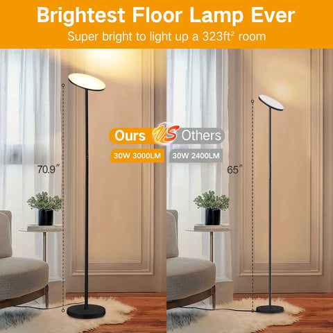Tall Bright LED Floor Lamp 30W 3000LM Torchiere Standing Lamp With Dimmable Brightness next to window in living room.