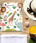 Waterproof Wet Bag For Swimwear And Baby Cloth Diapers Travel Beach Pool Gear with animal print on sandy beach background