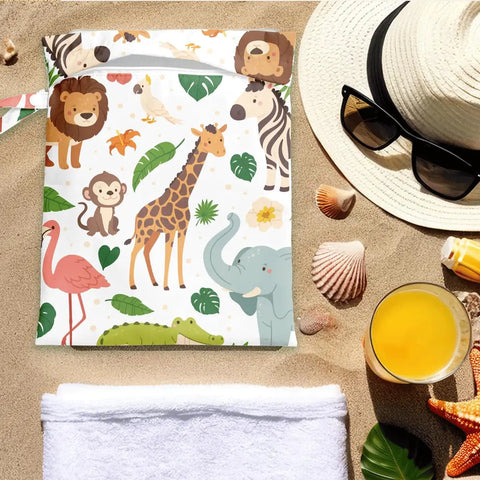Waterproof Wet Bag For Swimwear And Baby Cloth Diapers Travel Beach Pool Gear with animal print on sandy beach background