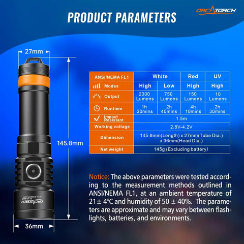 Underwater Video Light 2300 Lumens For Dive Photography Tri Color White Red Violet UV 120 Degree Beam Specs Chart