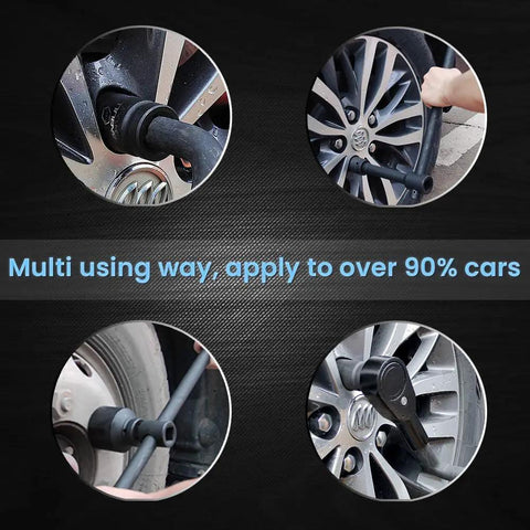 Multi-use demonstration of Beefy 21 Piece Three Quarter Inch Drive Jumbo Impact Socket Set on vehicle wheels