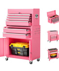 8 Drawer Rolling Tool Chest With Wheels Lockable 2 In 1 Detachable Tool Cabinet With Drawers And Black Liners Pink Garage Top Toolbox And Bottom Storage Cart With Side Hooks, open and detached view.