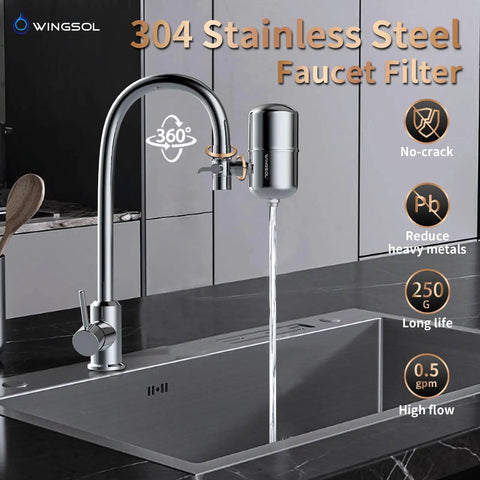 Stainless Steel Faucet Water Filter, NSF ANSI 42 And 53 Certified, 360 Degree Rotating Purifier For Sink in modern kitchen