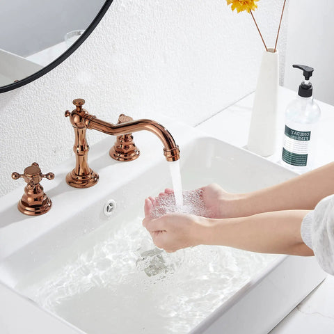 Check Out This Sweet Copper Two Handle Widespread Bathroom Faucet Fits 8 To 16 Inch Spread With Brass Body And Comes With Metal Pop Up Drain Overflow For Spot On Volume And Temp Adjustments, shown in use over a white sink with water flowing.