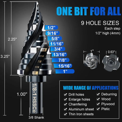 M35 Pro Grade Cobalt Step Drill Bit Set With Four Spiral Flute Nine Sizes From One Eighth To One Inch Three Eighths Inch Shank Heavy Duty