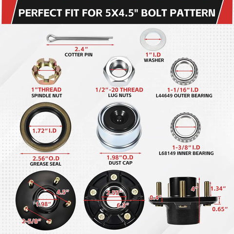 Heavy Duty 3500Lbs Trailer Hub Kit With 5 Bolt 4.5 Inch Hubs Premium 5 Lug Fits Spindles From 1 Inch Up To 1-3/8 Inch parts diagram