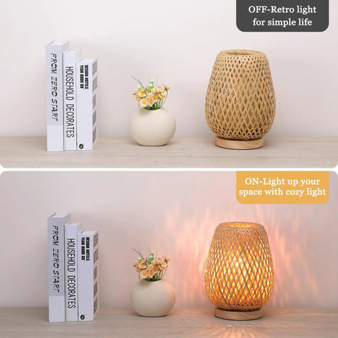 Two wooden table lamps: one off, showing natural color; one on, illuminating warm light, beside books and a small vase with flowers.