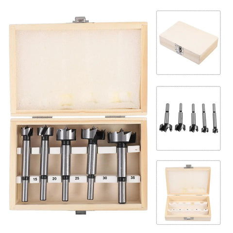 Top Rated Five Piece Forstner Drill Bit Set Round Shank Multi Tooth Design for Precision Woodworking in wooden case.