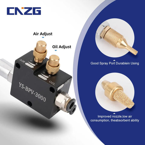 Side view of coolant mister for milling machines with magnetic base showing air and oil adjust knobs on the YS-BPV-3000 model.