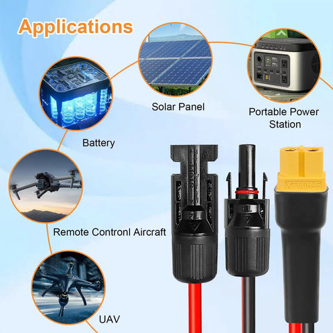 Heavy Duty 10AWG XT60 Solar Extension Cable With Male To Female Connectors Used For Solar Panels and Portable Power Stations