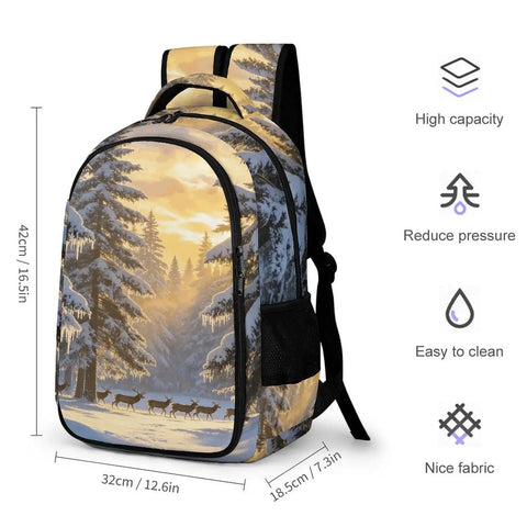 Winter Icicle Deer Woodland Printed Unisex Backpack With Large Capacity, durable polyester, smooth zipper, 12.6x7.3x16.5 in