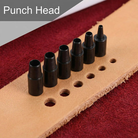 Adjustable Leather Hole Punch Boasts A Comfy Wooden Handle And Six Swappable Brass Inserts Spanning 1.5mm To 4mm, punch head detail.