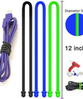 Six Pack 12 Inch Silicone Cable Ties With Steel Core Reusable Rubber Straps in black, blue, green for organizing cables.