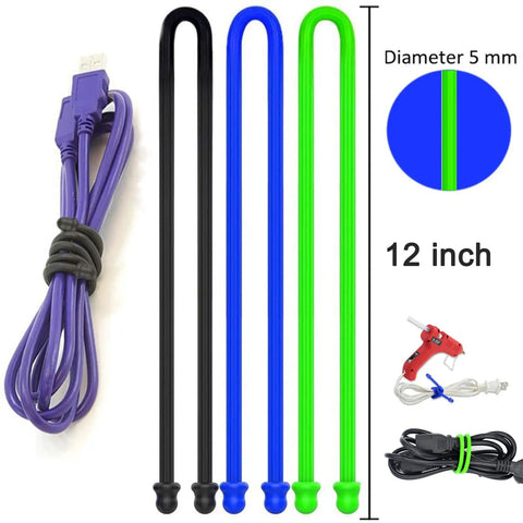 Six Pack 12 Inch Silicone Cable Ties With Steel Core Reusable Rubber Straps in black, blue, green for organizing cables.