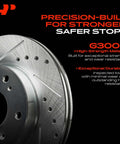 Heavy Duty Rear Drilled And Slotted Brake Rotors Deliver Top Shelf Stopping Power With Straight Up Bolt On Fit For Chevy Tahoe Silverado Suburban Avalanche And Cadillac Escalade, G3000 material, close-up detail.