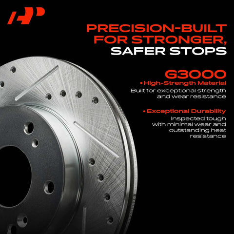 Heavy Duty Rear Drilled And Slotted Brake Rotors Deliver Top Shelf Stopping Power With Straight Up Bolt On Fit For Chevy Tahoe Silverado Suburban Avalanche And Cadillac Escalade, G3000 material, close-up detail.
