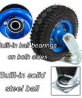 Close-up of Two Pack Industrial Heavy Duty Casters Featuring Rock Solid Pneumatic Rubber Tires and blue bracket with ball bearings.