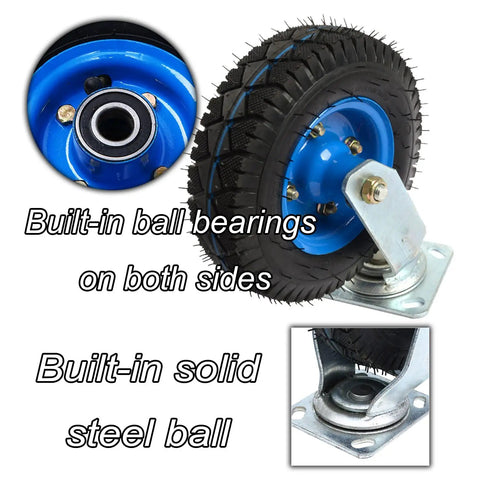 Close-up of Two Pack Industrial Heavy Duty Casters Featuring Rock Solid Pneumatic Rubber Tires and blue bracket with ball bearings.