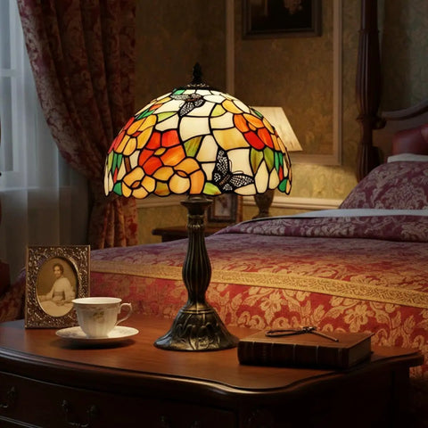 Pink Tiffany Style Table Lamp With Butterfly Stained Glass Shade, 12x12x18 Inches on wooden bedside table
