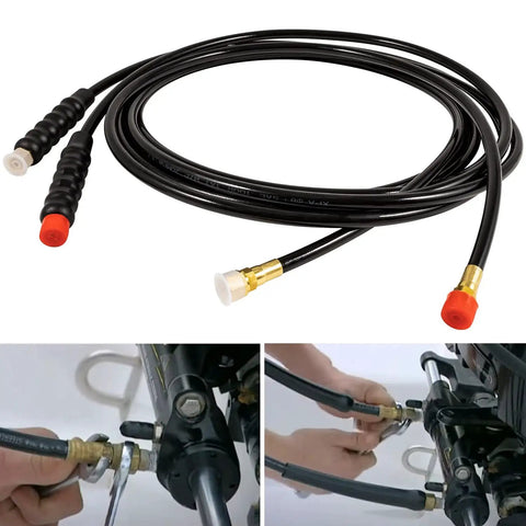 Heavy Duty Hydraulic Steering Hose Kit 16 Foot Pre Assembled Copper 1000 PSI Marine Grade No Cutting Needed Compatible With Outboard Steering Systems Built To Last Today shown coiled with connectors and installation example on outboard steering system.