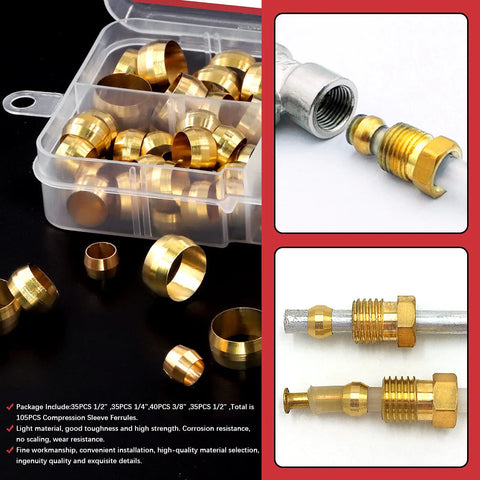 Brass compression ferrules and sleeves kit for 4–16 mm tubing in a clear plastic storage case