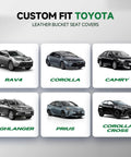Custom Fit Front Seat Covers For Toyota RAV4 Camry Highlander Corolla Corolla Cross Prius Venza Avalon Faux Leather Bucket Seat Covers Two Pack Black And Gray Thick Foam Padding For Premium Comfort with images of six Toyota models.
