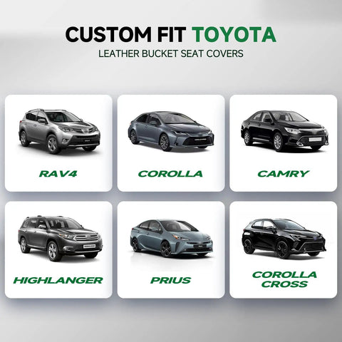 Custom Fit Front Seat Covers For Toyota RAV4 Camry Highlander Corolla Corolla Cross Prius Venza Avalon Faux Leather Bucket Seat Covers Two Pack Black And Gray Thick Foam Padding For Premium Comfort with images of six Toyota models.