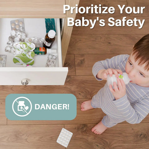 Child near open drawer with hazardous items and "Prioritize Your Baby's Safety" text, illustrating the need for Baby Proof Cabinet Locks With 3M Adhesive Easy Install No Tools Needed No Drilling Universal Fit 8 Pack Keeps Curious Kids Out And Keeps Your Home Safe.