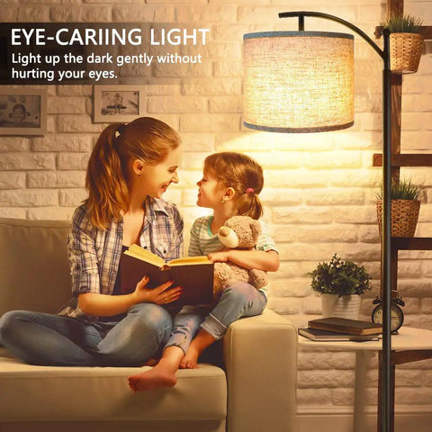 Tall Industrial Floor Lamp With 3 Color Temperatures, 9W LED Bulb Included, Black Finish, Beige Lampshade Included shown in living room.
