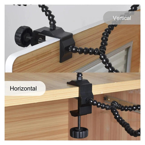 Go-To Soldering Helper Station With Eight Flexible Gooseneck Arms and Desk Clamp, shown in vertical and horizontal positions for PCB work.