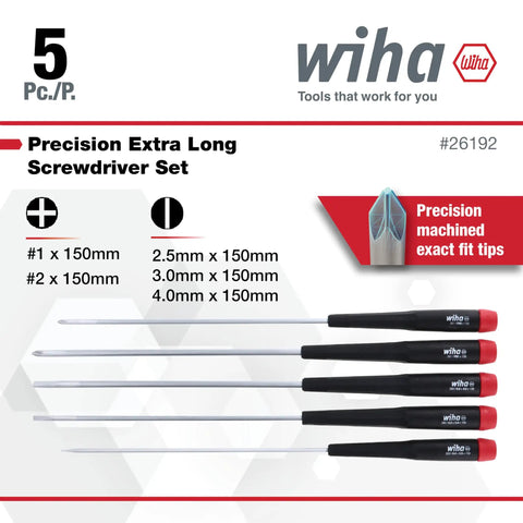 Slotted And Phillips Screwdriver Set 5 Piece with tapered extra long handles for quick turns and comfortable grips, easy ID 2.5mm 3mm 4mm zero one sizes for home, shop, and DIY projects