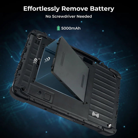 Rock Solid Heavy Duty Rugged Tablet With 10.1 Inch Sunlight Readable Screen Running Windows 11 Pro For Tough Jobsite Tasks Featuring 8Gb Ram Plus 128Gb Storage And Snappy 4G LTE GPS with removable battery access.
