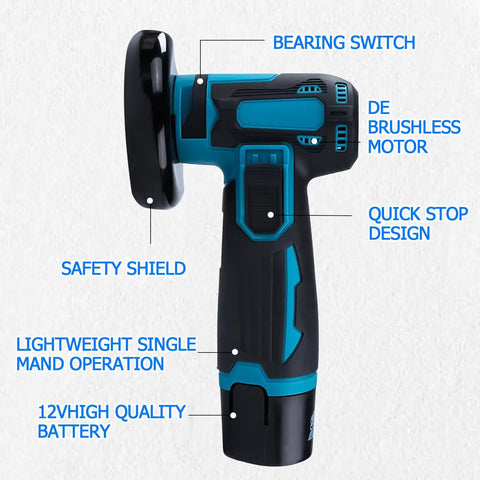 Beast Cordless Angle Grinder 19500 RPM With 12V Battery Pack features labeled components for DIY projects