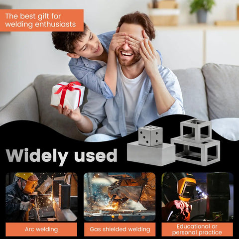 Smiling father and child with gift, showcasing 50 Piece Welding Practice Kit With Steel Coupons, Magnetic Clamp, Gloves, And Dice Cube Cuboid Projects For Beginners To Level Up Welding Skills On Real Steel.