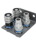 1/2 hydraulic quick-connect coupler set mounted on a metal bracket; flat-face ISO 16028, heavy-duty steel.