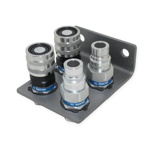 1/2 hydraulic quick-connect coupler set mounted on a metal bracket; flat-face ISO 16028, heavy-duty steel.