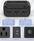 Plug And Play US To Europe Voltage Converter with 4 USB Ports, 3 AC Outlets, power button, indicator light, and cooling fan