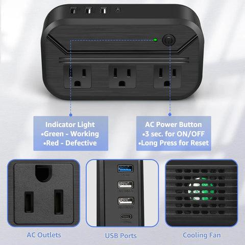 US To Europe 2300W Must Have Travel Power Converter 220V To 110V with AC outlets and USB ports, indicator light, and cooling fan