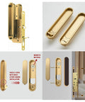 Pocket Door Lock Hardware With Pull Inconspicuous Sliding Door Handle Recessed Lock For Furniture Gold Zinc Alloy Electroplated Brushed Finish