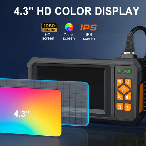4.3 Inch Borescope With Light Endoscope Camera featuring 1080p HD IPS display, showing colorful screen icons and control buttons