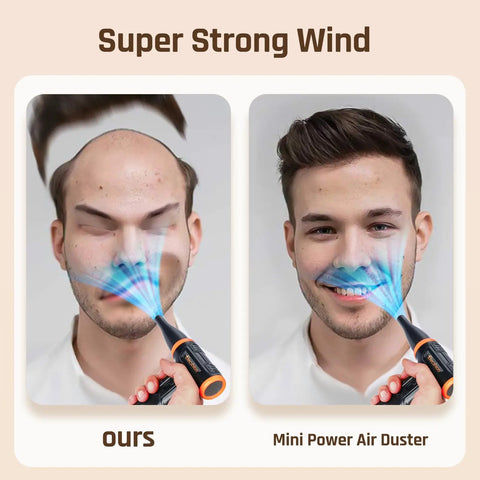 Comparison of two men using Cordless Electric Air Duster With Variable Speed Control Delivers Up To 50 MPH And 110000 RPM for cleaning.