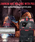 Aluminum MIG Welder 7 In 1 Multiprocess with Pulse MIG showcased in use, sparks visible, highlighting dual voltage function.