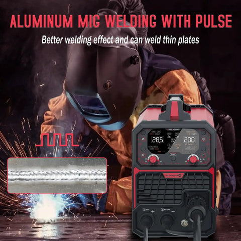 Aluminum MIG Welder 7 In 1 Multiprocess with Pulse MIG showcased in use, sparks visible, highlighting dual voltage function.