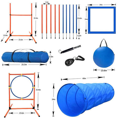 All In One Dog Agility Training Equipment Set including blue tunnel, orange hurdles, weave poles, and jump ring dimensions
